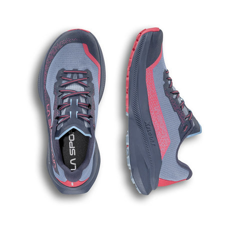 Top & side view of women's gray-blue/red-pink La Sportiva Prodigio running shoes