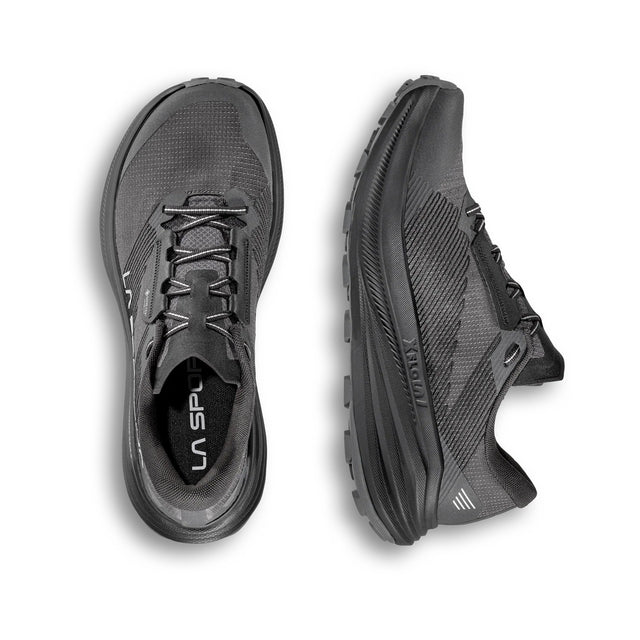 Top and side view of men's black La Sportiva Prodigio Max Gore-Tex running shoes