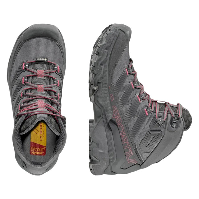 Top & side view of women's grey/pink La Sportiva Ultra Raptor 3 hiking boots
