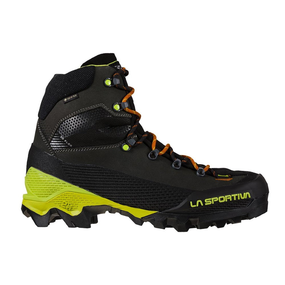 Side view of men's La Sportiva Aequilibrium LT GTX hiking boot in carbon/lime colour