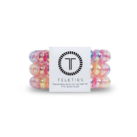 3-pack view of Teleties hair ties in 'eat glitter for breakfast' colour