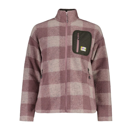 Front view of women's maloja purple plaid wool jacket