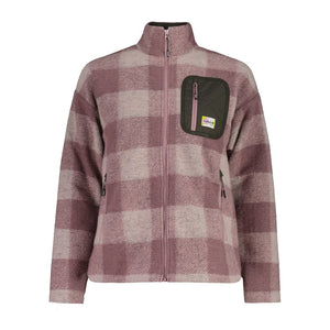 Front view of women's maloja purple plaid wool jacket