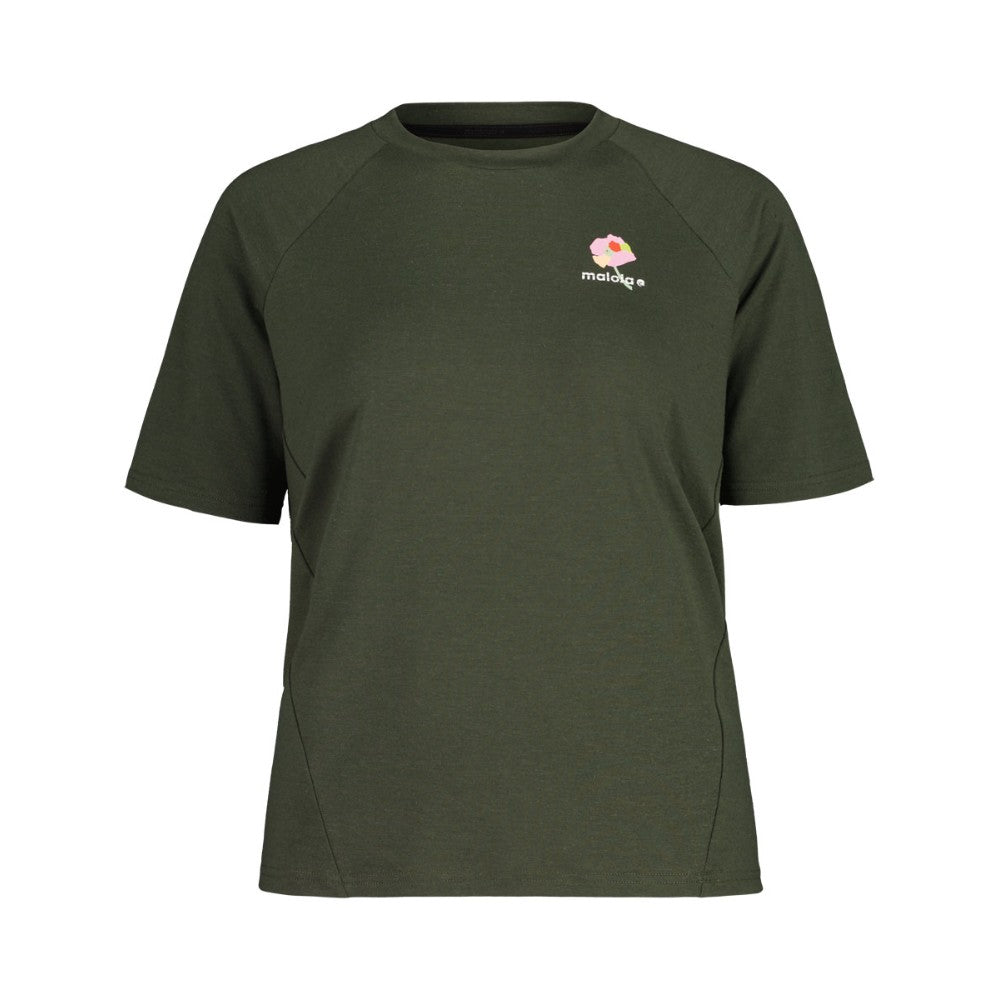 Front view of women's maloja DambelM. Tee in alpine woods colour