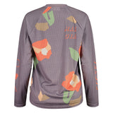 Back view of women's maloja FurculaM. bike long sleeve shirt in 'purple grid flower' colour