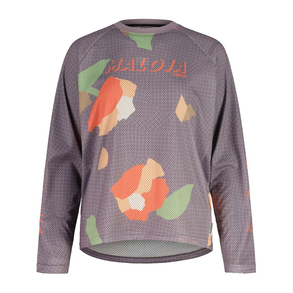 Front view of women's maloja FurculaM. bike long sleeve shirt in 'purple grid flower' colour
