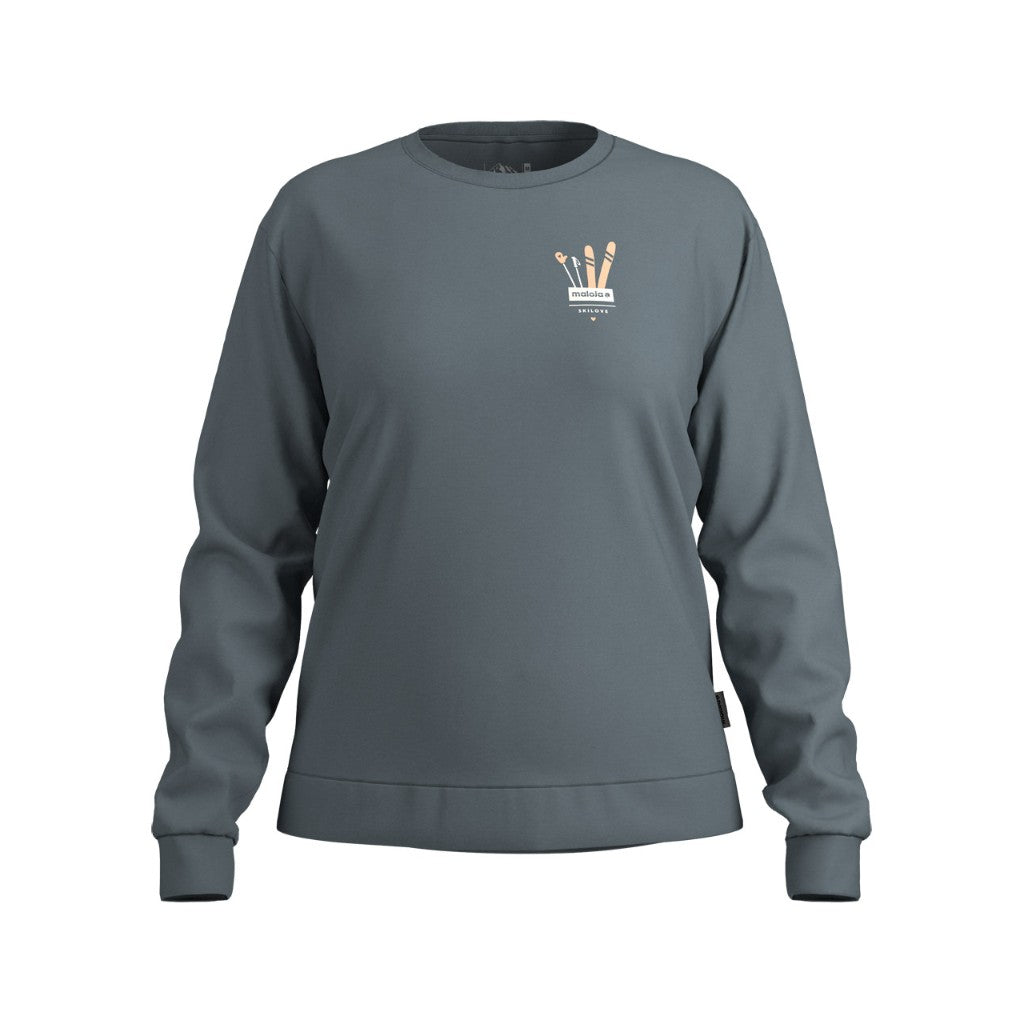 Front view of women's grey/blue maloja cotton longsleeve