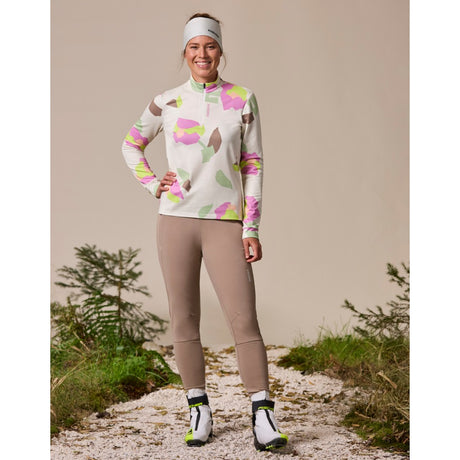 On-model view of women's white/floral maloja SawangM. long sleeve