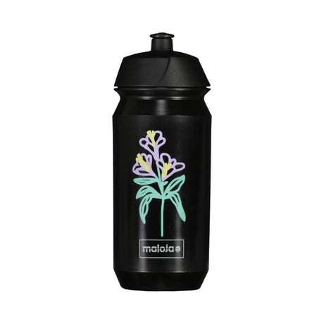 Black water bottle with floral design and 'maloja' branding