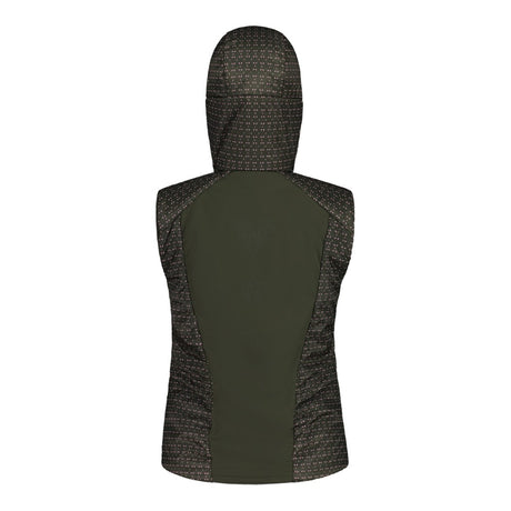 Back view of women's maloja ZinkenM. technical vest in alpine woods leaf pattern
