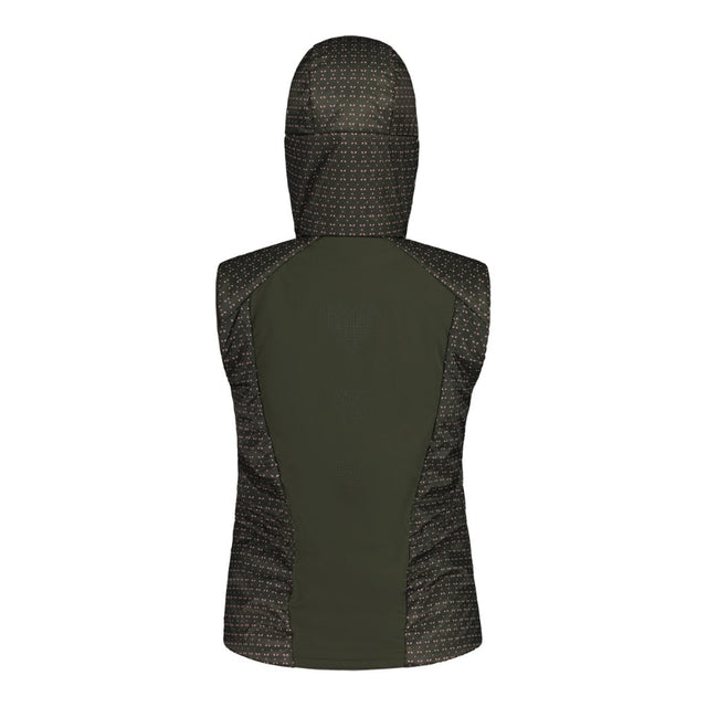 Back view of women's maloja ZinkenM. technical vest in alpine woods leaf pattern