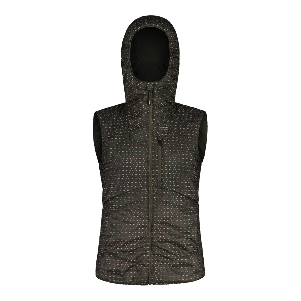 Front view of women's maloja ZinkenM. technical vest in alpine woods leaf pattern