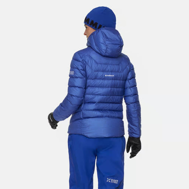Back on-model view of women's blue Mammut Eiger Nordwand down jacket