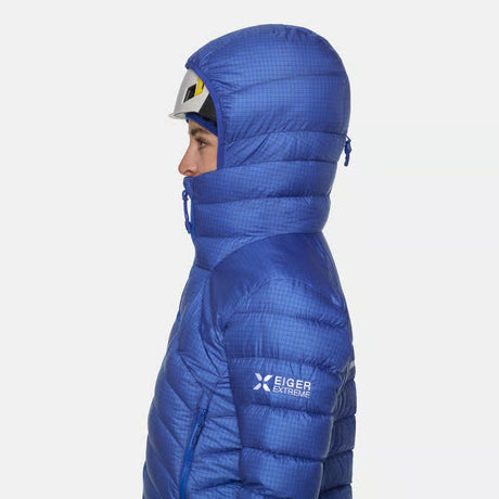 Hood detail of women's blue Mammut Eiger Nordwand down jacket
