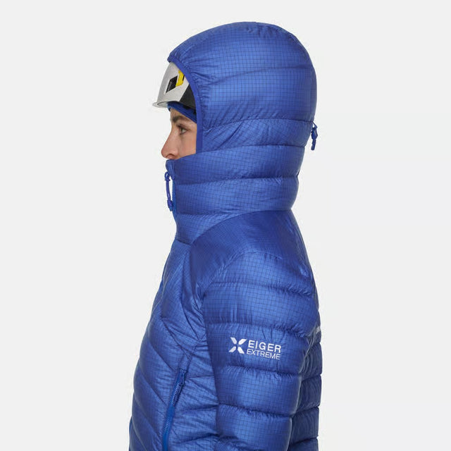 Hood detail of women's blue Mammut Eiger Nordwand down jacket