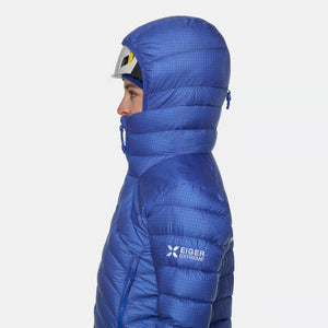 Hood detail of women's blue Mammut Eiger Nordwand down jacket