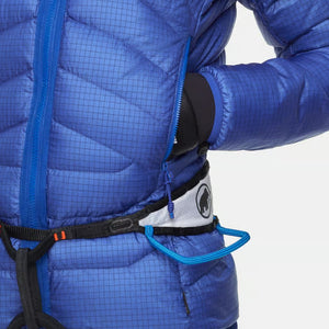 Pocket detail of women's blue Mammut Eiger Nordwand down jacket