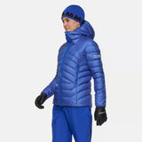 Side on-model view of women's blue Mammut Eiger Nordwand down jacket
