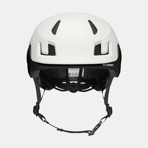 Front view of Mammut Haute Route helmet in white/black colour