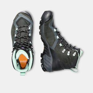 Top & side view of women's mammut sapuen high GTX hiking boots, dark steel/neo mint colour