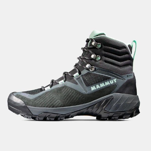 Side view of women's mammut sapuen high GTX hiking boot, dark steel/neo mint colour