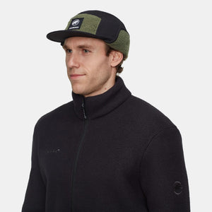Front on-model view of black and green Mammut sports fleece cap