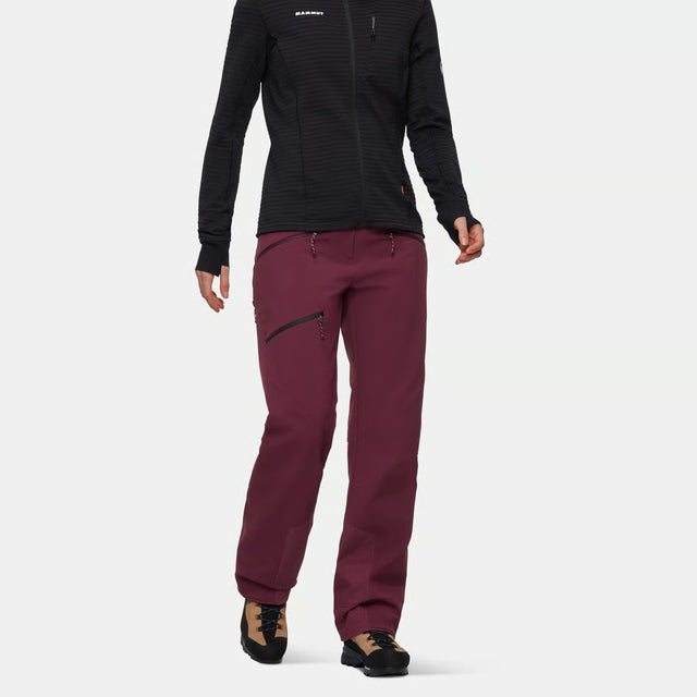 Front on-model view of women's maroon Mammut Taiss Guide SO pants