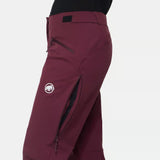 Side venting zipper detail of women's maroon Mammut Taiss Guide SO pants