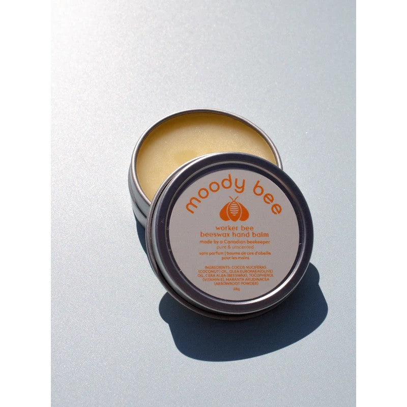 Tin of moody bee worker bee hand balm, unscented