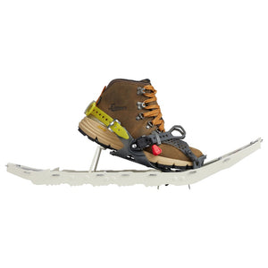 Side view of women's MSR Lightning Explore snowshoe with boot