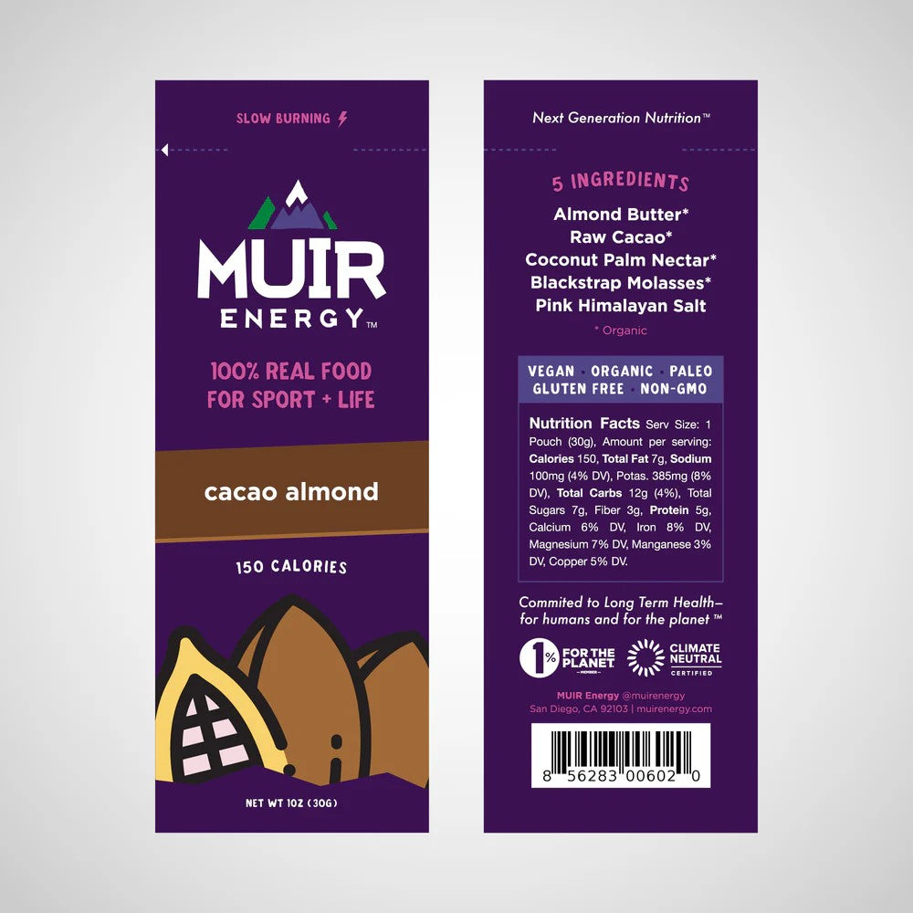 Front and back view of a cacao almond Muir energy gel packet