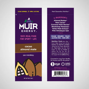 Front and back view of a cacao almond mate Muir energy gel packet