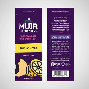 Front and back view of a cashew lemon Muir energy gel packet