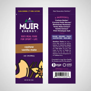 Front and back view of a cashew vanilla mate Muir energy gel packet