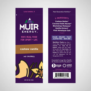 Front and back view of a cashew vanilla Muir energy gel packet