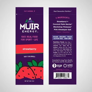 Front and back view of a strawberry Muir energy gel packet
