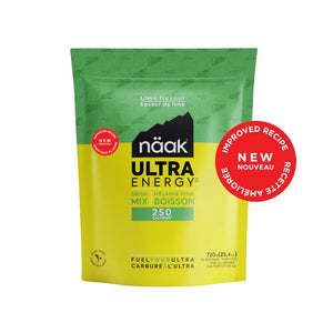 Bag of new formula naak ultra energy drink mix, lime flavour