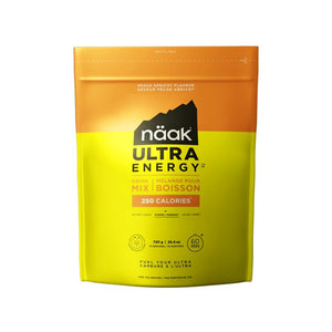 Bag of new formula naak ultra energy drink mix, peach apricot flavour