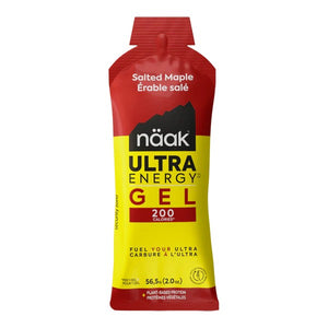 Front view of naak energy gel packet, salted maple flavour