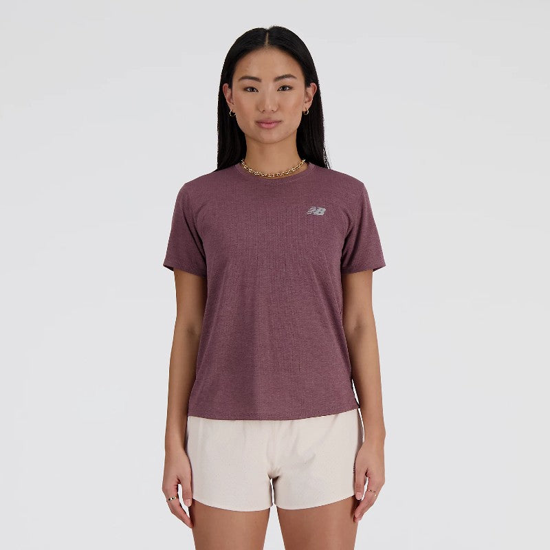 Front view of women's New Balance Athletics t-shirt in licorice