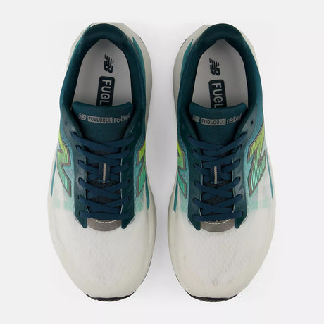 Top view of men's 'medusa green' (teal) New Balance FuelCell Rebel v5 running shoes