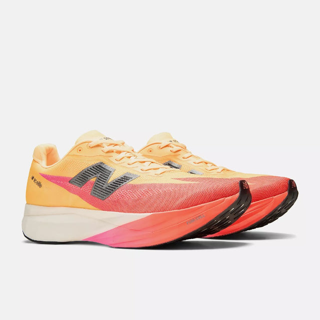 Pair of men's tangerine New Balance FuelCell SuperComp Elite v5 running shoes