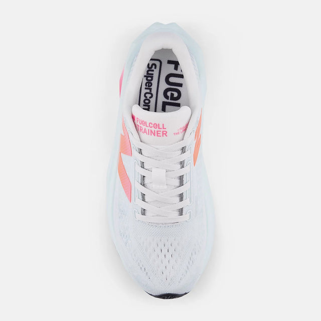 Top view of women's white/orange New Balance FuelCell SuperComp running shoe