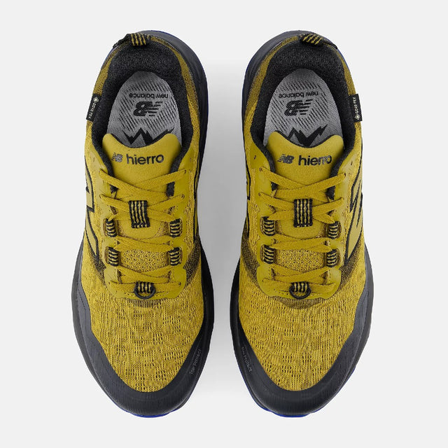 Top view of men's gold/black New Balance Hierro v9 Gore-Tex trail running shoes