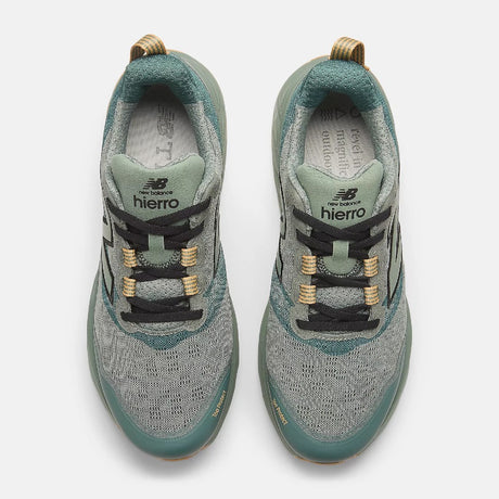 Top view of men's New Balance Hierro v9 trail running shoes in dark juniper/apricot colour