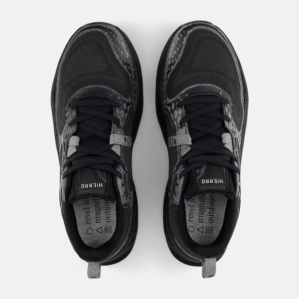 Top view of men's New Balance Fresh Foam X Hierro v8 running shoe in black/shadow grey