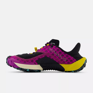 Inner side view of women's New Balance Minimus Trail running shoe in purple/black/lemon colour