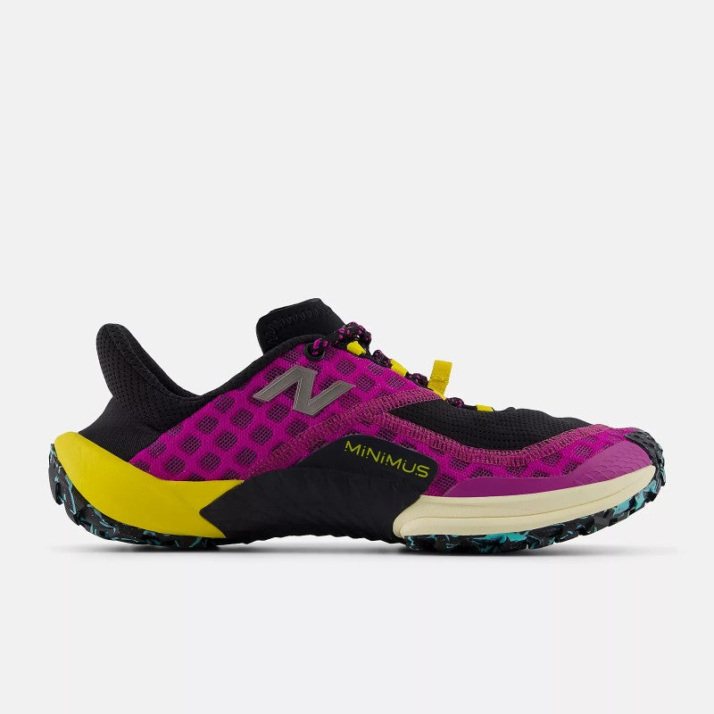 Side view of women's New Balance Minimus Trail running shoe in purple/black/lemon colour