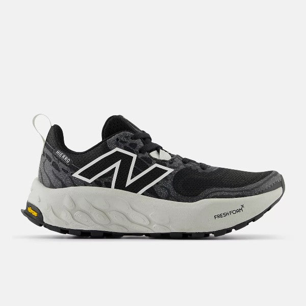Side view of women's New Balance Fresh Foam X Hierro v8 running shoe in black/grey