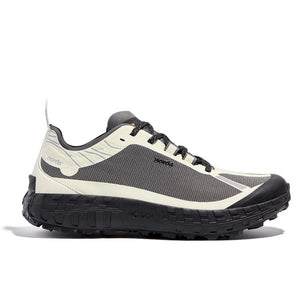 Side view of men's norda 001 G+ Spike winter trail running shoe in bone colour